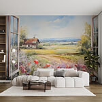 Papel de parede Pintura de uma casa e flores