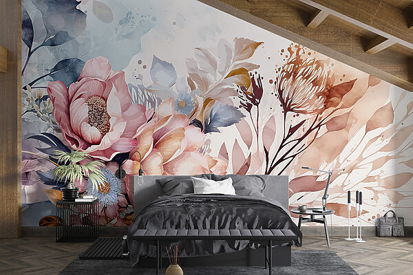 Pintura de flores e folhas Papel de parede Pintura de flores e folhas