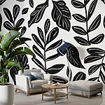Papel de parede Padrão de folhas a preto e branco