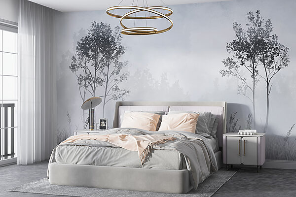 Papel de parede Paisagem de nevoeiro com árvores e relva