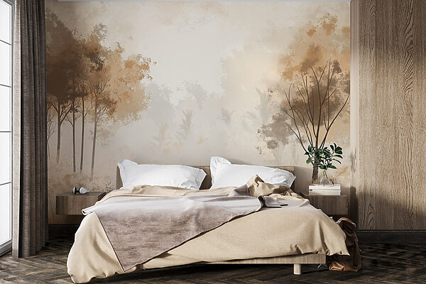 Papel de parede Floresta enevoada com árvores e relva