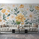 Papel de parede Desenho floral com flores amarelas e folhas verdes