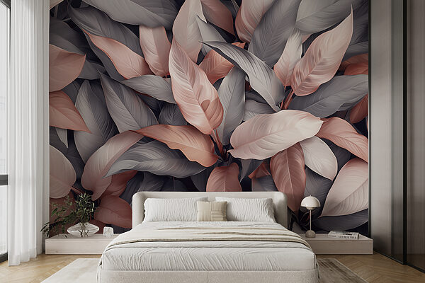 Papel de parede Papel de parede Grupo de folhas com folhas cor-de-rosa e cinzentas (REF: w01586)