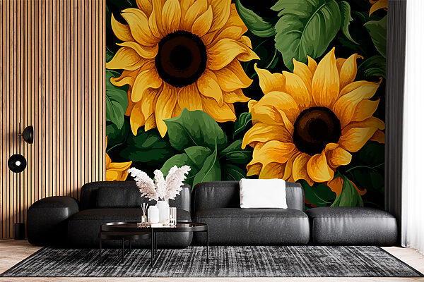Os girassóis florescem em tons vibrantes Papel de parede Os girassóis florescem em tons vibrantes