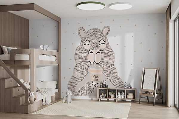 Desenho animado de um urso a segurar um chá de bolhas Papel de parede Desenho animado de um urso a segurar um chá de bolhas