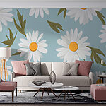 Papel de parede Padrão de flores brancas e folhas verdes