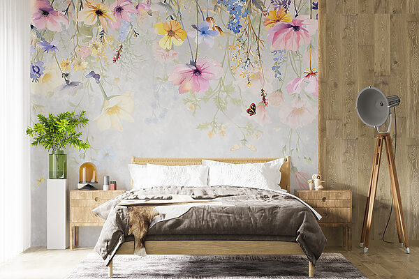 Pintura de flores e borboletas Papel de parede Pintura de flores e borboletas