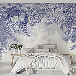 Papel de parede Desenho a azul e branco de pássaros e flores