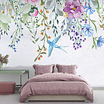 Papel de parede Rebordo floral com flores e pássaros