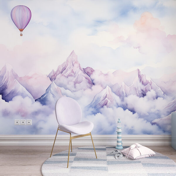 Pintura de uma cadeia de montanhas com um balão no céu Papel de parede Pintura de uma cadeia de montanhas com um balão no céu