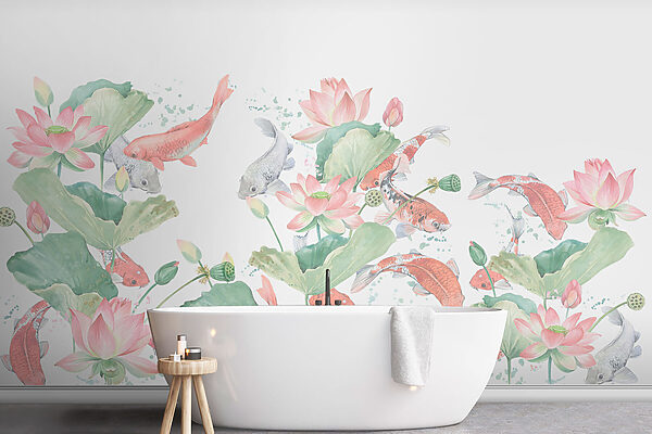 Papel de parede Pintura a aguarela de peixes e flores