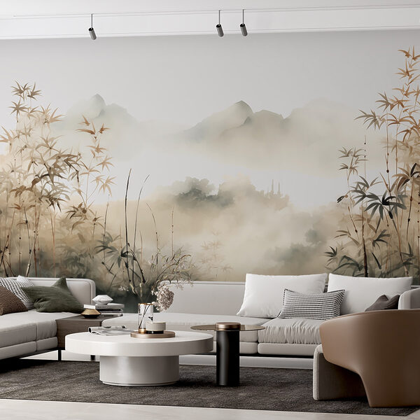 Pintura de uma paisagem com plantas e nevoeiro Papel de parede Pintura de uma paisagem com plantas e nevoeiro