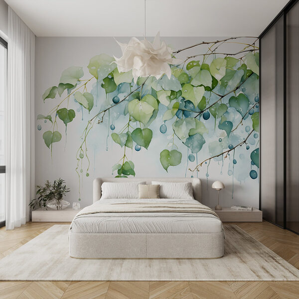 Pintura a aguarela de um ramo com folhas e bagas azuis Papel de parede Pintura a aguarela de um ramo com folhas e bagas azuis