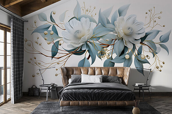 Flores e folhas brancas Papel de parede Flores e folhas brancas