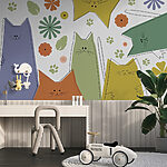 Papel de parede Grupo de gatos com flores e folhas