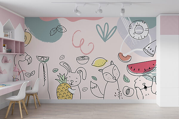 Animais de desenho animado com frutos na mão Papel de parede Animais de desenho animado com frutos na mão