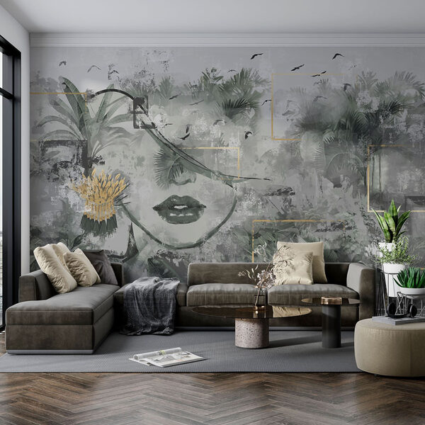 Papel de parede Pintura de um rosto de mulher e de plantas