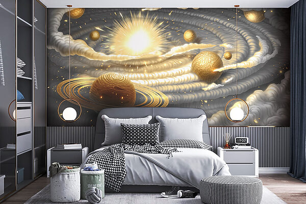 Planeta com anéis e estrelas no céu Papel de parede Planeta com anéis e estrelas no céu