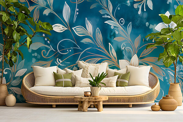 Desenho floral sereno sobre fundo azul Papel de parede Desenho floral sereno sobre fundo azul
