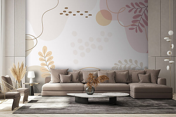 Fundo branco com folhas e círculos cor-de-rosa e cor de laranja Papel de parede Fundo branco com folhas e círculos cor-de-rosa e cor de laranja