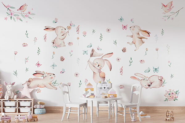 Grupo de coelhos com flores e borboletas Papel de parede Grupo de coelhos com flores e borboletas