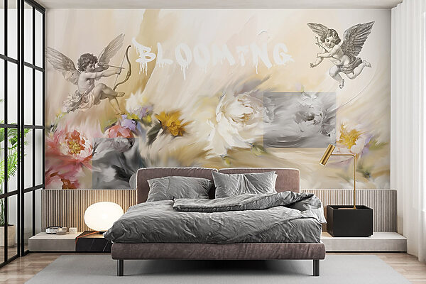 Pintura de anjos com um arco e flecha a disparar flores Papel de parede Pintura de anjos com um arco e flecha a disparar flores
