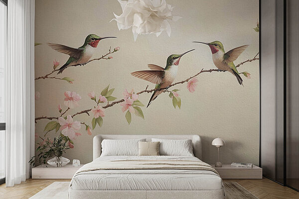 Pintura de beija-flores num ramo com flores Papel de parede Pintura de beija-flores num ramo com flores