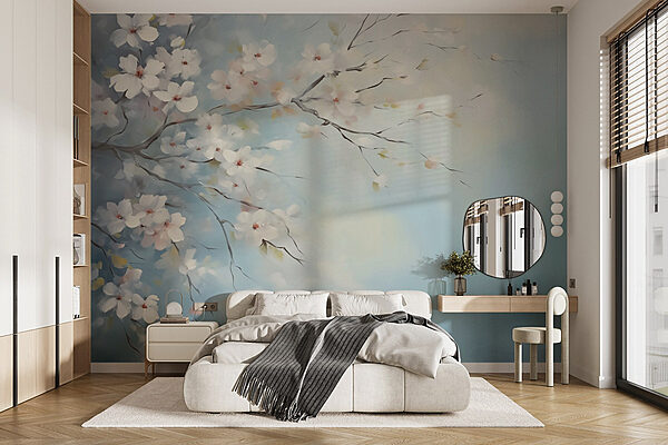 Pintura de um ramo de árvore com flores brancas Papel de parede Pintura de um ramo de árvore com flores brancas