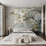 Papel de parede Pintura de um ramo de árvore com flores brancas