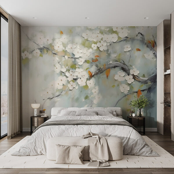 Pintura de um ramo de árvore com flores brancas Papel de parede Pintura de um ramo de árvore com flores brancas