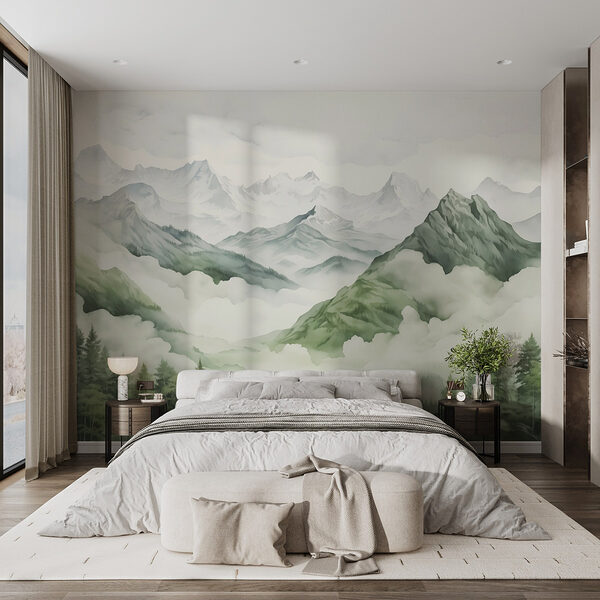 Pintura de montanhas e árvores Papel de parede Pintura de montanhas e árvores