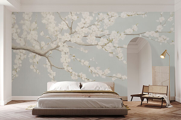 Papel de parede Pintura de uma árvore com flores brancas