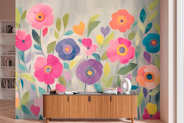 Pintura de flores e folhas Papel de parede Pintura de flores e folhas