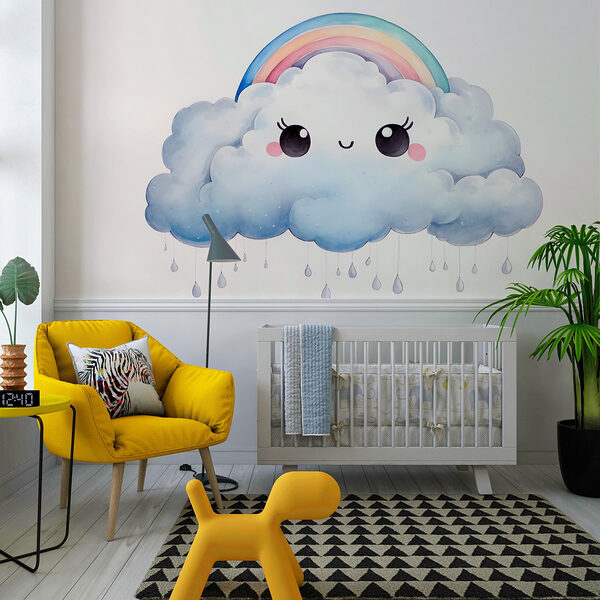 Desenho animado de uma nuvem com um arco-íris e gotas de chuva Papel de parede Desenho animado de uma nuvem com um arco-íris e gotas de chuva