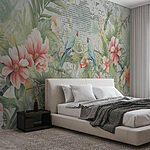 Papel de parede Pássaro num ramo com flores