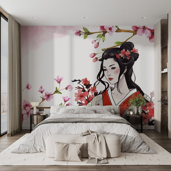 Mulher de quimono com flores Papel de parede Mulher de quimono com flores
