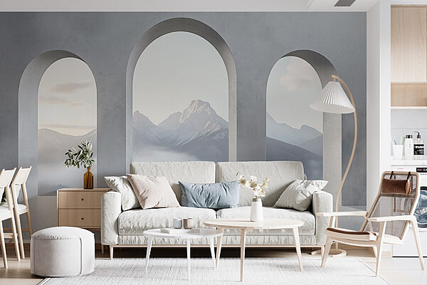 Quarto branco com janelas em arco e montanhas ao fundo Papel de parede Quarto branco com janelas em arco e montanhas ao fundo