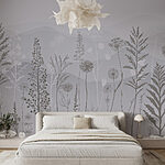 Papel de parede Fundo cinzento e branco com plantas e montanhas