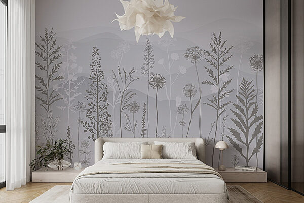 Fundo cinzento e branco com plantas e montanhas Papel de parede Fundo cinzento e branco com plantas e montanhas
