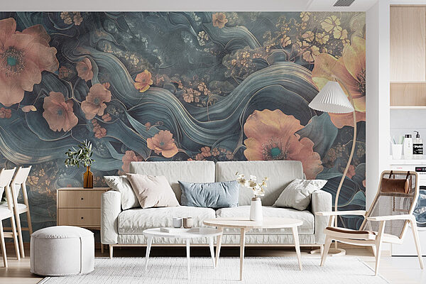 Pintura de flores e ondas Papel de parede Pintura de flores e ondas