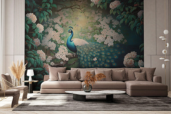Pintura de um pavão num ramo de árvore Papel de parede Pintura de um pavão num ramo de árvore