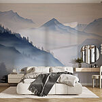 Papel de parede Cordilheira com árvores e nevoeiro