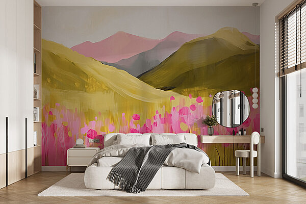 Pintura de um campo de flores cor-de-rosa Papel de parede Pintura de um campo de flores cor-de-rosa