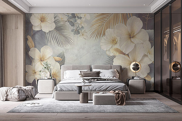 Flores e folhas brancas Papel de parede Flores e folhas brancas