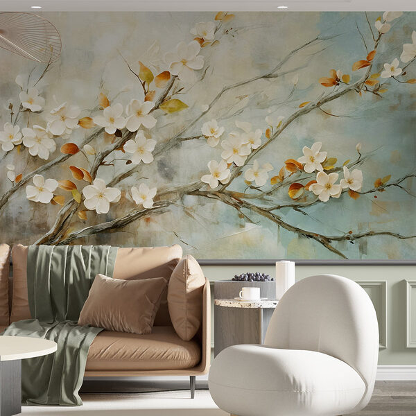 Papel de parede Pintura de um ramo com flores brancas