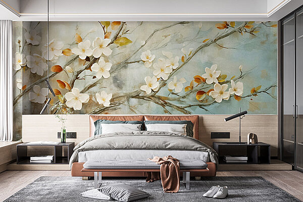 Pintura de um ramo com flores brancas Papel de parede Pintura de um ramo com flores brancas
