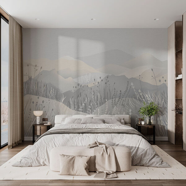 Pintura de uma paisagem com montanhas e relva Papel de parede Pintura de uma paisagem com montanhas e relva