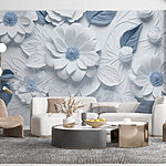 Papel de parede Flores e folhas brancas e azuis