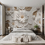 Papel de parede Flores e folhas brancas e castanhas