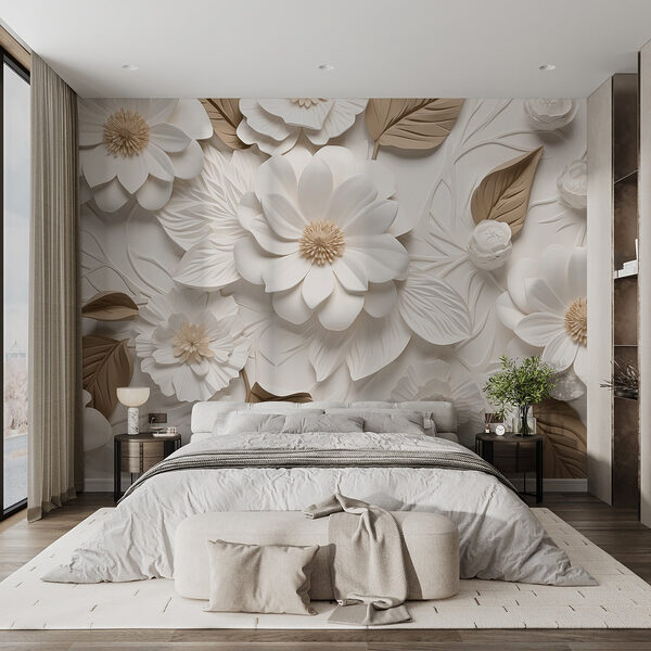 Flores e folhas brancas e castanhas Papel de parede Flores e folhas brancas e castanhas
